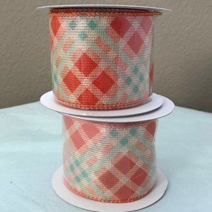 2 rolls orange & green plaid wired ribbon NWT